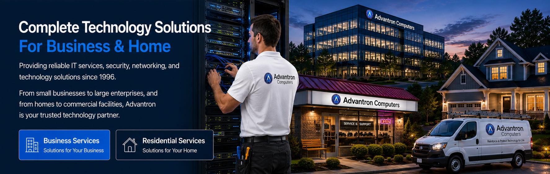Advantron technician with business, residential, retail, vehicle and networking imagery
