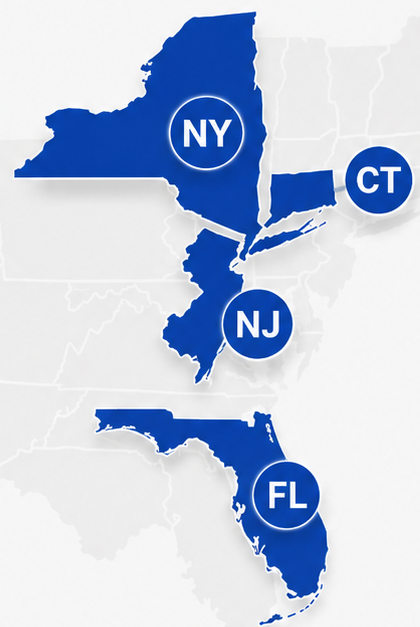 Service area map highlighting New York, New Jersey, Connecticut and Florida